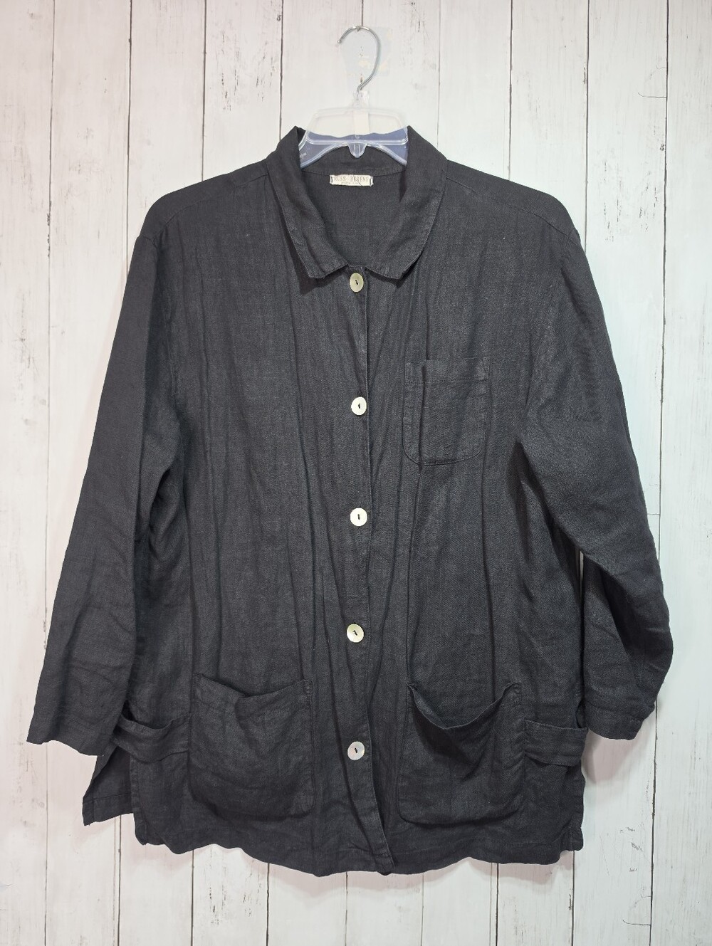 Vintage Russ Berens Malibu USA Black 100% Linen Tunic Shirt Pockets Size Medium.